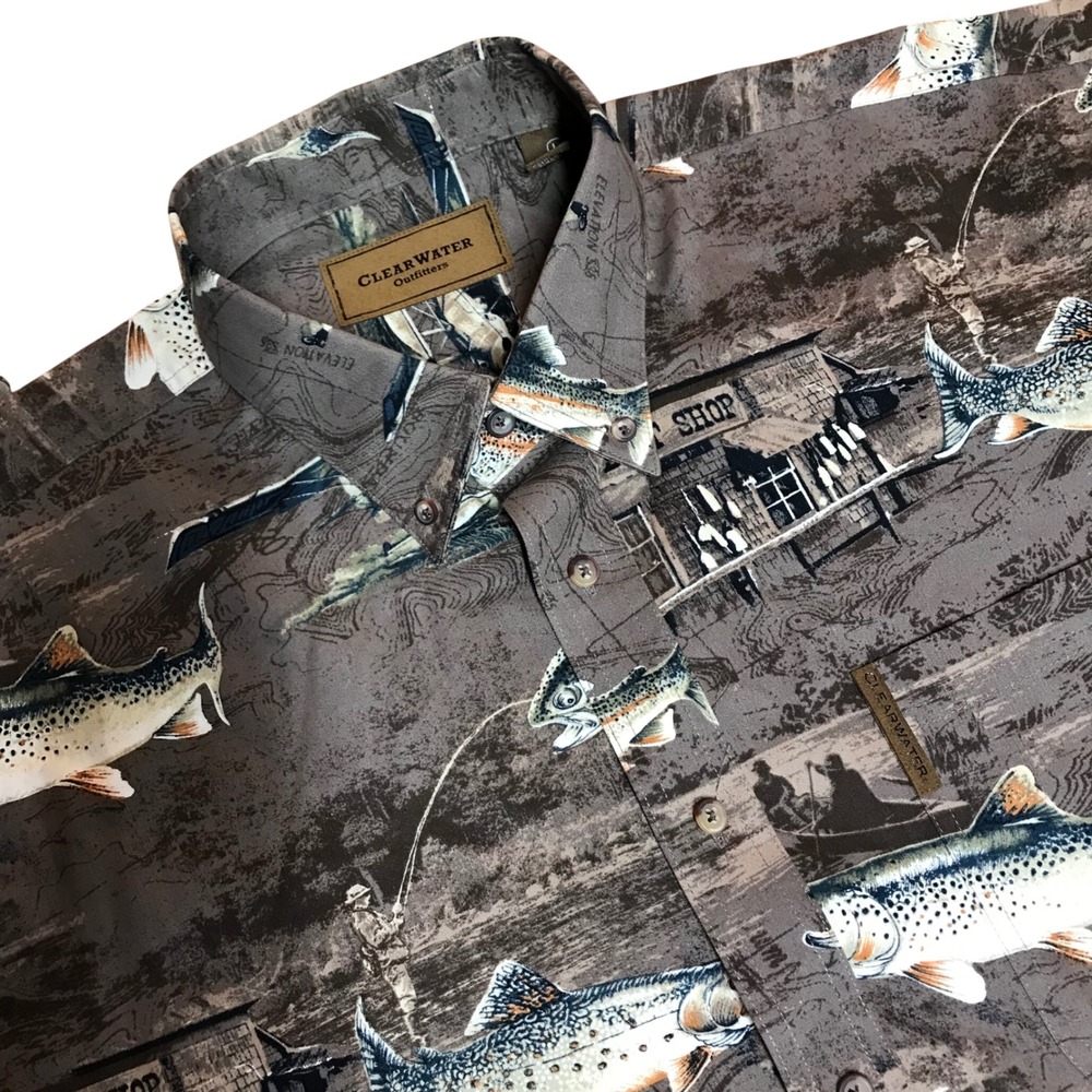 Clearwater Outfitters Mens Large Fishing‎ Print Button Down Shirt Brown Trout L